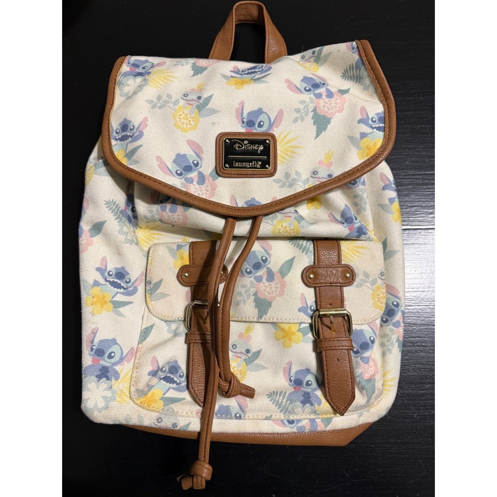 Disney Loungefly Stitch Floral Canvas Mini Backpack Cream Faux Leather Trim